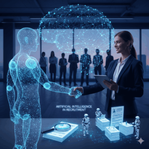 A business professional shaking hands with a digital AI figure, symbolizing artificial intelligence in recruitment with holographic data, resumes, and automation elements.
