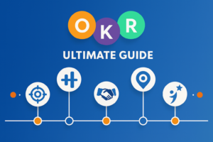 Illustrated OKR Ultimate Guide header with colorful OKR letters, timeline icons, and a modern blue background design.