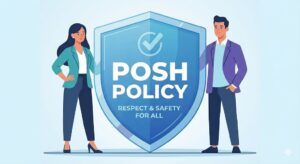 Illustration of POSH policy at workplace showing diverse employees, compliance checklist, and safety shield representing prevention of sexual harassment