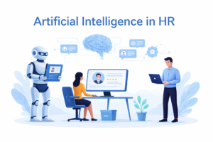 Minimal illustration of artificial intelligence in HR showing AI assisting recruiters with candidate screening and hiring