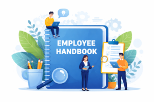 Employee handbook illustration showing company policies and employee guidelines
